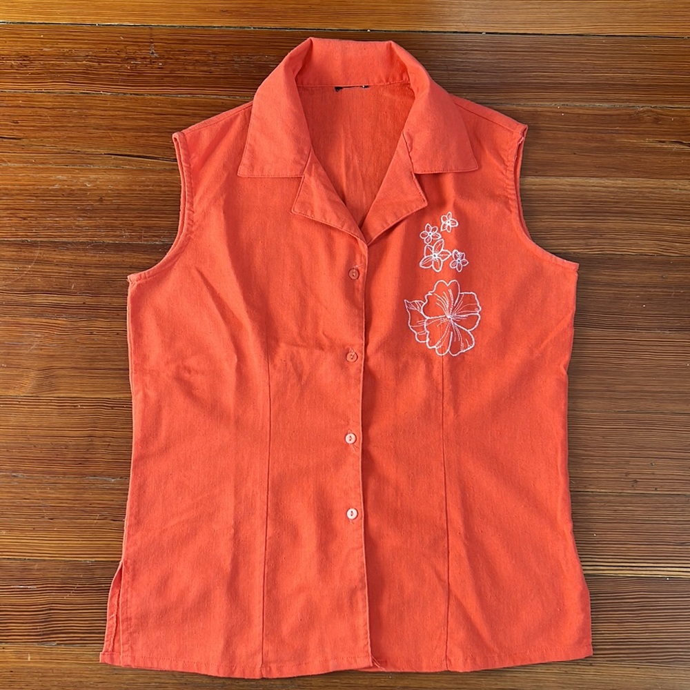 Women Top 100% Cotton Sleeveless Coat Collar Orange Button Down Fitted T…
